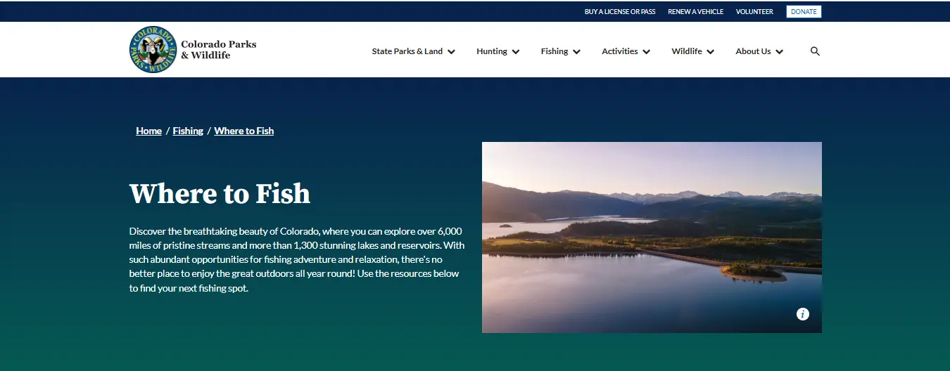 Screenshot guide showing the official Colorado Parks and Wildlife Fishing Atlas for finding alpine lake fishing access, stocked waters and special regulations in Colorado