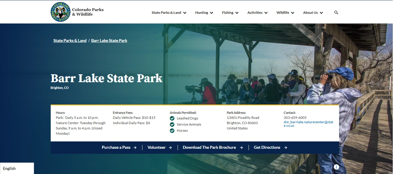 Screenshot guide showing the official Colorado Parks and Wildlife Barr Lake fishing access boating rules and latest park update page