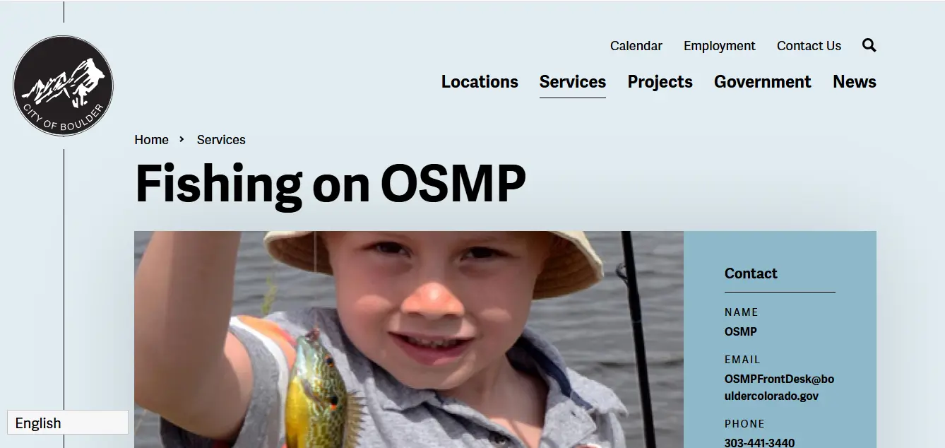Screenshot guide showing the official City of Boulder OSMP fishing page for Boulder Creek access rules and angler responsibilities