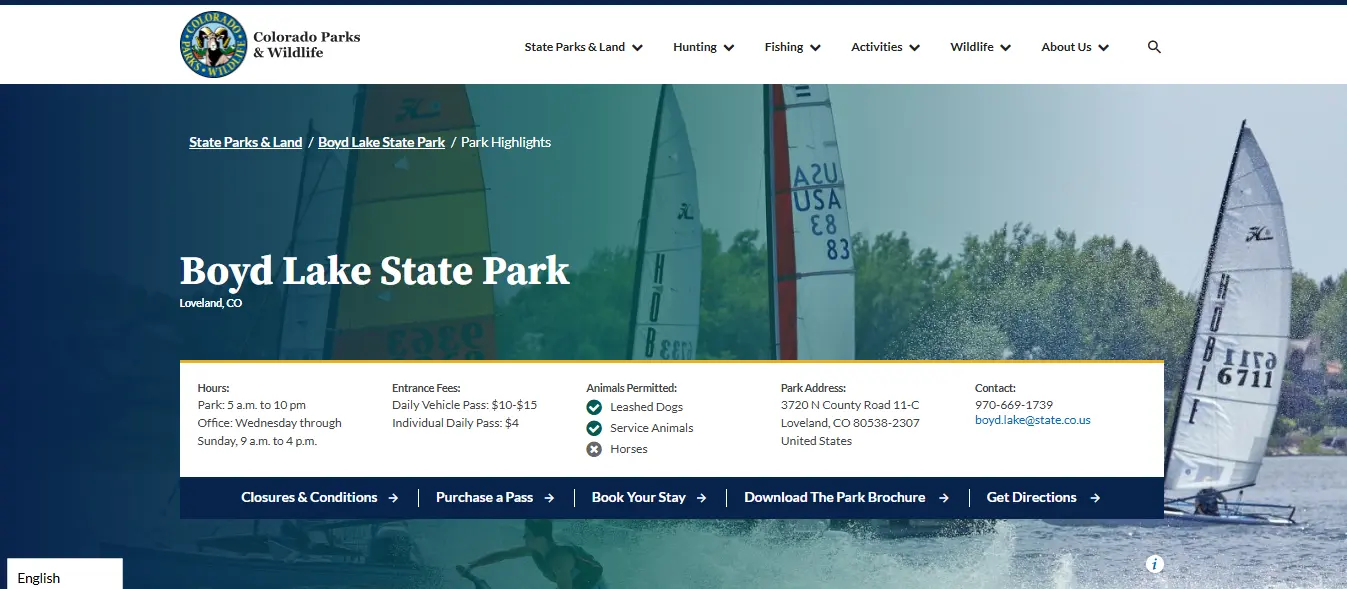 Screenshot guide showing the official Colorado Parks and Wildlife Boyd Lake fishing conditions, species and special regulations page
