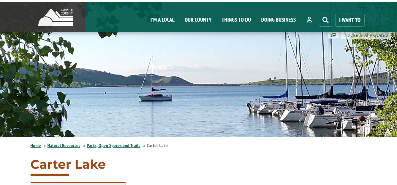 Screenshot guide showing the official Larimer County Carter Lake fishing rules, species and stocking report section