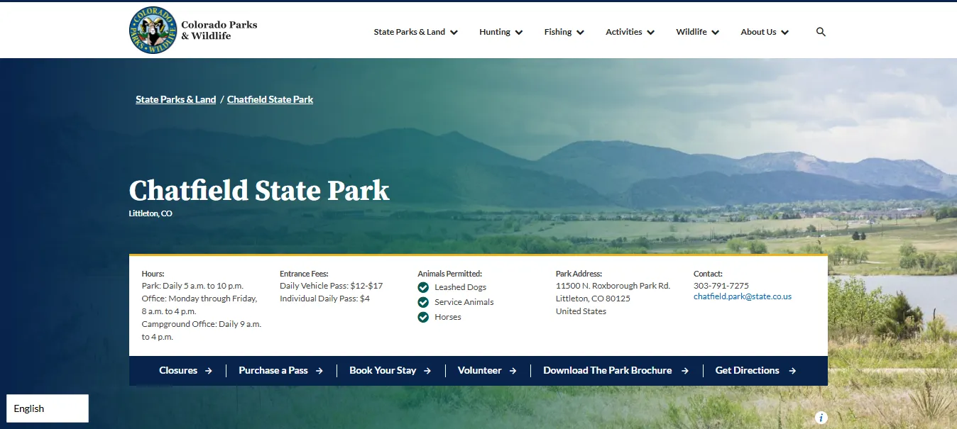 Screenshot guide showing the official Colorado Parks and Wildlife Chatfield State Park fishing, boating and access rules page