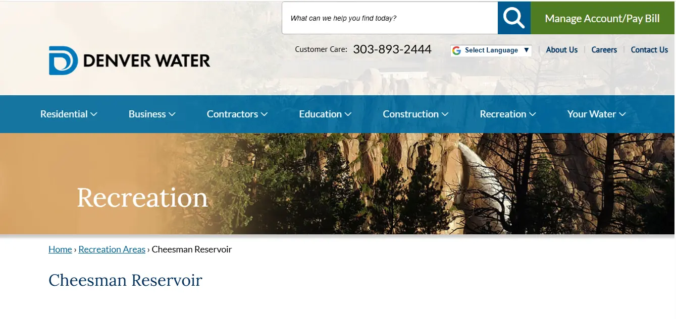 Screenshot guide showing the official Denver Water Cheesman Reservoir fishing rules access and Goose Creek Arm information page