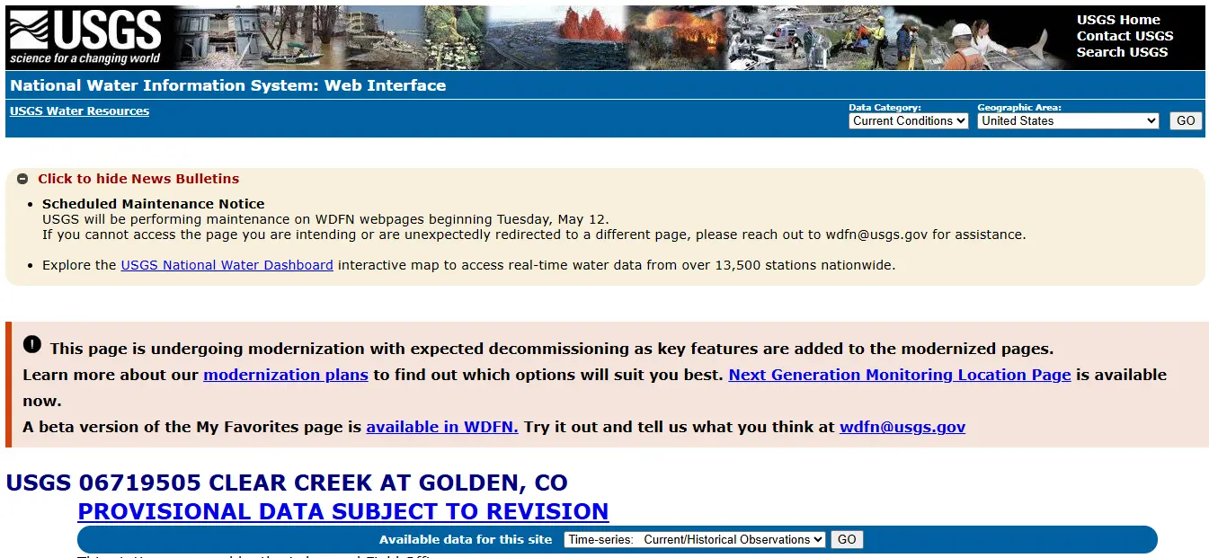 Screenshot guide showing the official USGS Clear Creek at Golden Colorado streamflow and gage height page for fishing trip planning