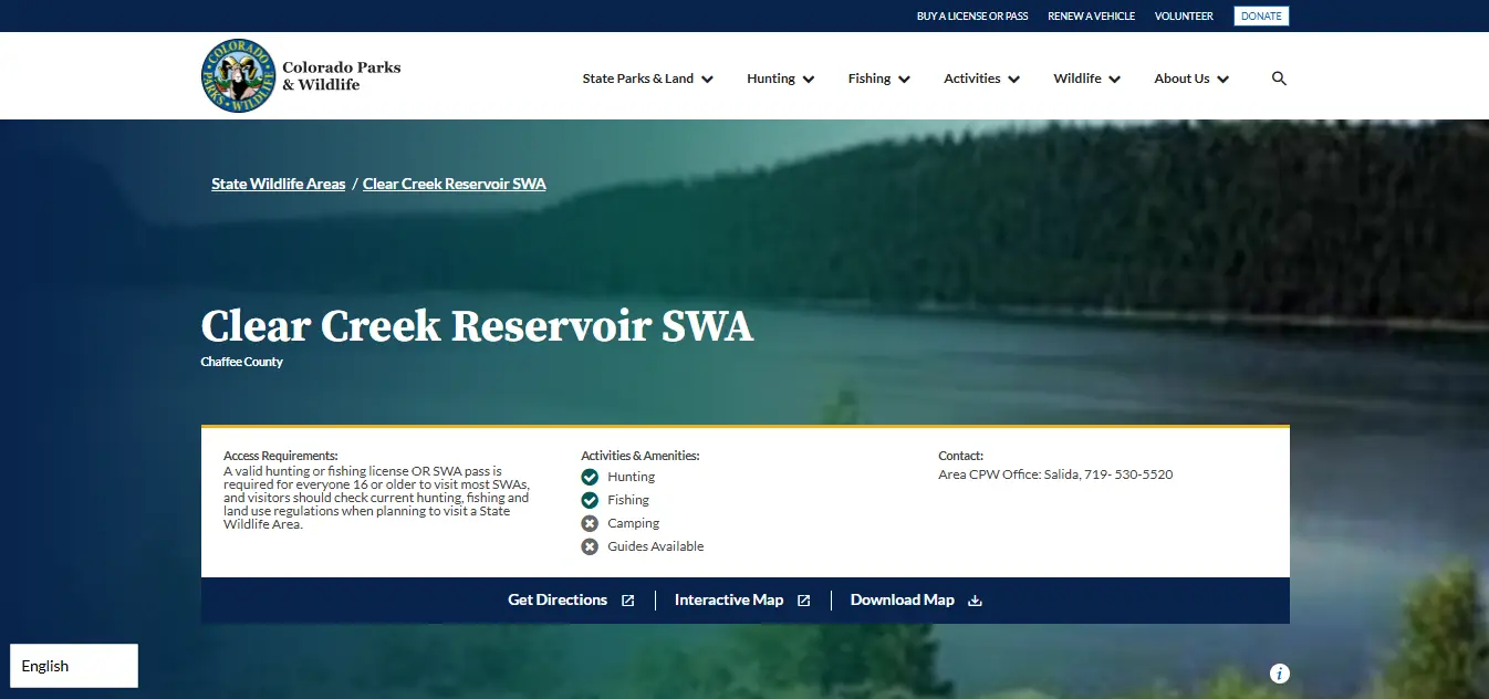 Screenshot guide showing the official Colorado Parks and Wildlife Clear Creek Reservoir State Wildlife Area access requirements and fishing information page