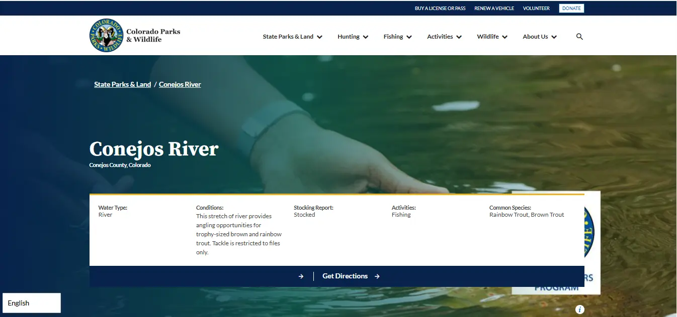 Screenshot guide showing the official Colorado Parks and Wildlife Conejos River fishing rules access and special regulations page