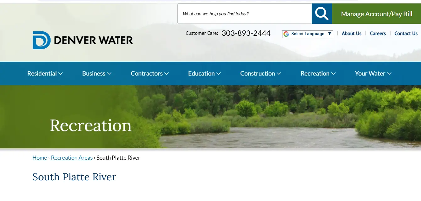 Screenshot guide showing the official Denver Water South Platte River access, Deckers directions and streamflow report information page