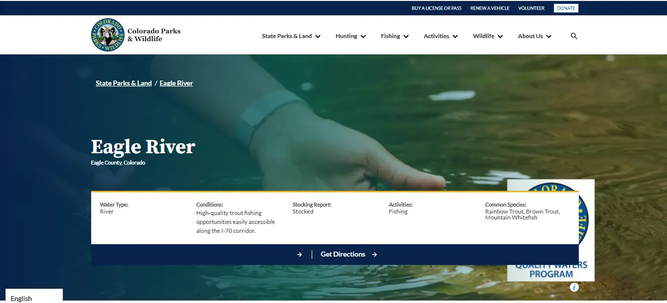 Screenshot guide showing the official Colorado Parks and Wildlife Eagle River fishing rules access and trout regulation page
