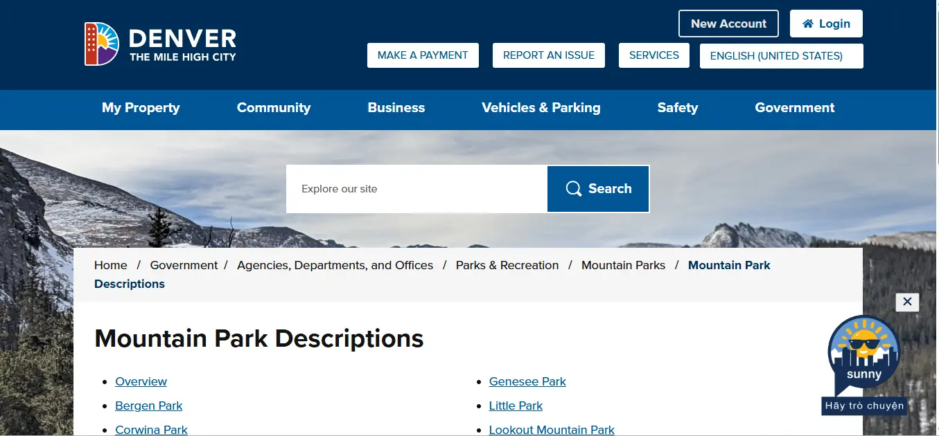 Screenshot guide showing the official Denver Mountain Parks Echo Lake Park page for fishing access trails and watercraft rules