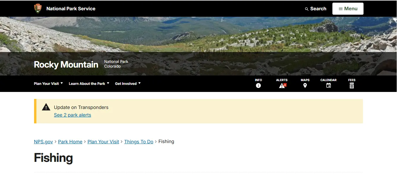 Screenshot guide showing the official Rocky Mountain National Park fishing license and rules page for Estes Park anglers