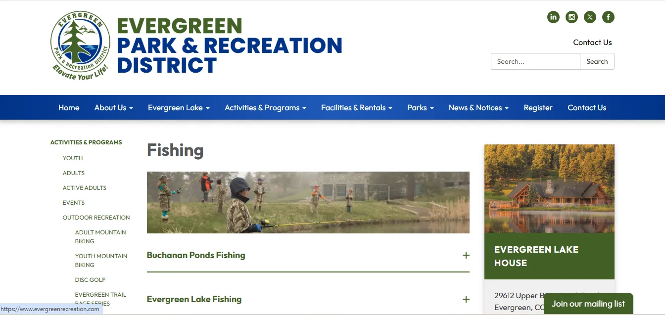 Screenshot guide showing the official Evergreen Park and Recreation District Evergreen Lake fishing rules and stocking information page