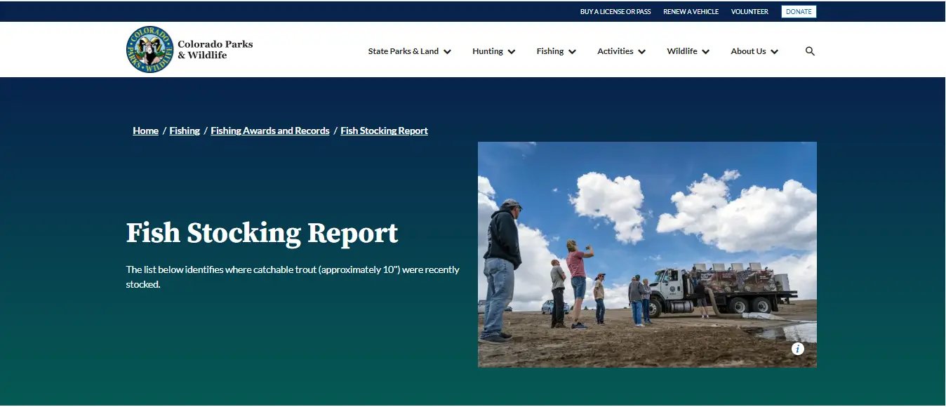 Screenshot guide showing the official Colorado Parks and Wildlife fish stocking report page used to check Georgetown Lake trout updates