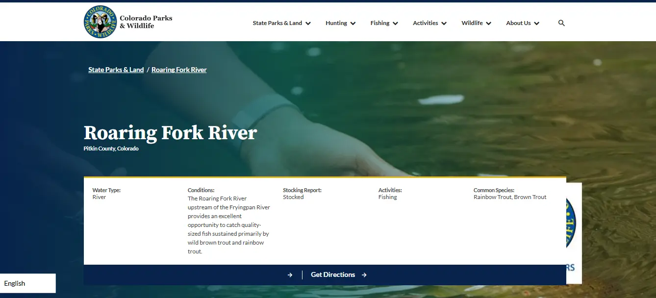 Screenshot guide showing the official Colorado Parks and Wildlife Roaring Fork River fishing rules and Glenwood Springs access information page