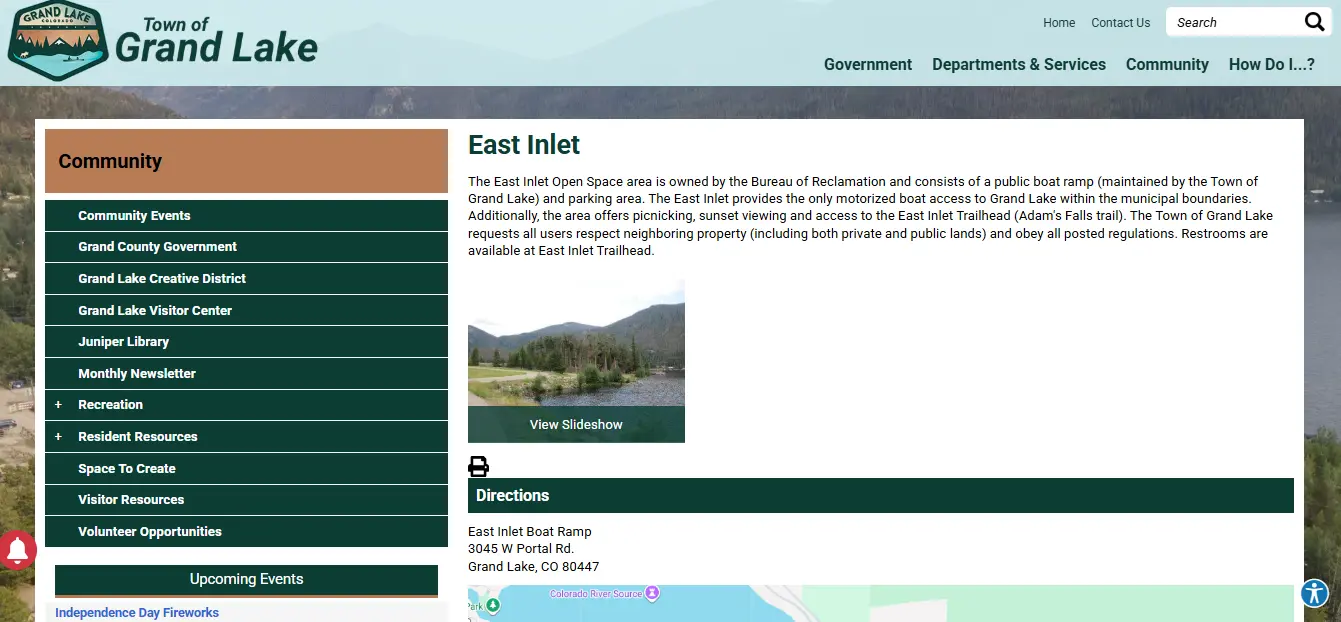 Screenshot guide showing the official Grand Lake Colorado fishing rules and access information for anglers