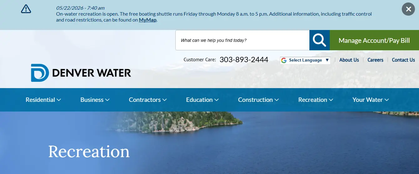 Screenshot guide showing the official Denver Water Gross Reservoir recreation page for fishing access rules and visitor updates