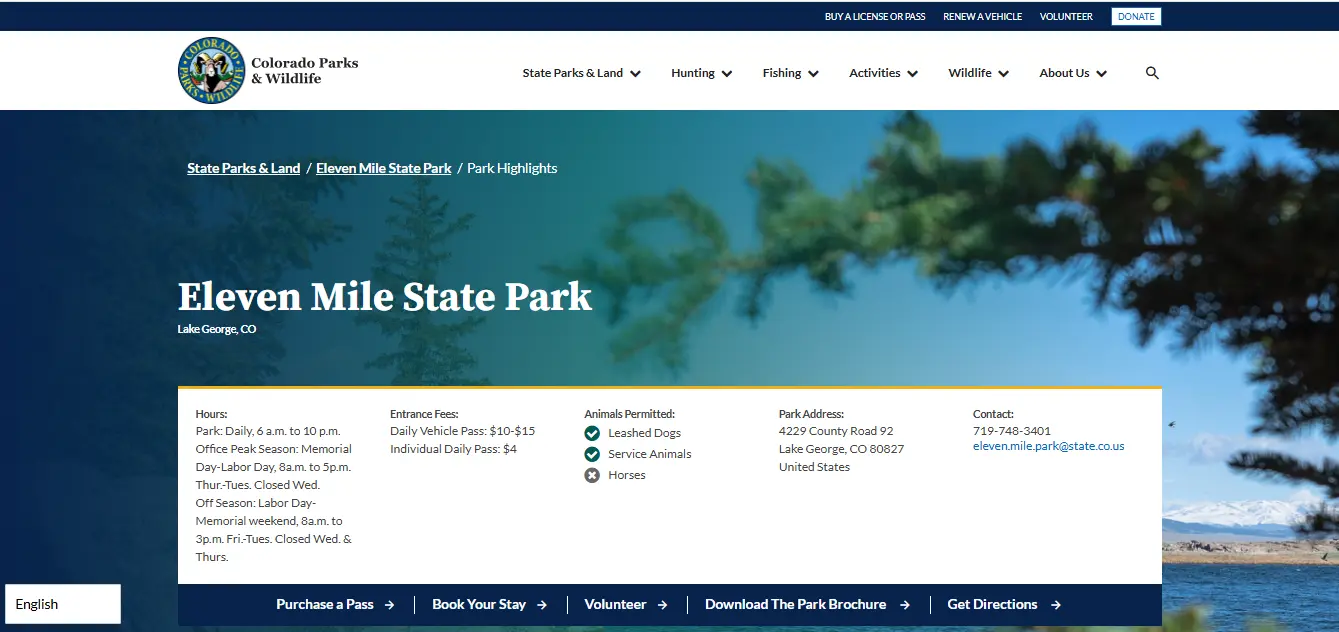 Screenshot guide showing the official Colorado Parks and Wildlife Eleven Mile State Park fishing rules and access information for Lake George Colorado