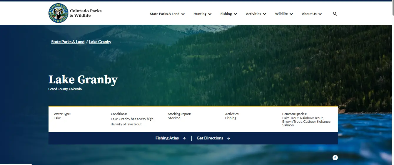 Screenshot guide showing the official Colorado Parks and Wildlife Lake Granby fishing rules and access information page