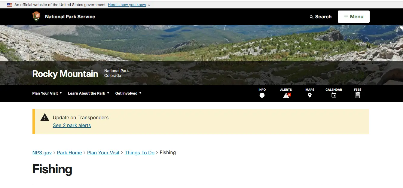 Screenshot guide showing the official National Park Service Rocky Mountain National Park fishing rules page for Lily Lake anglers