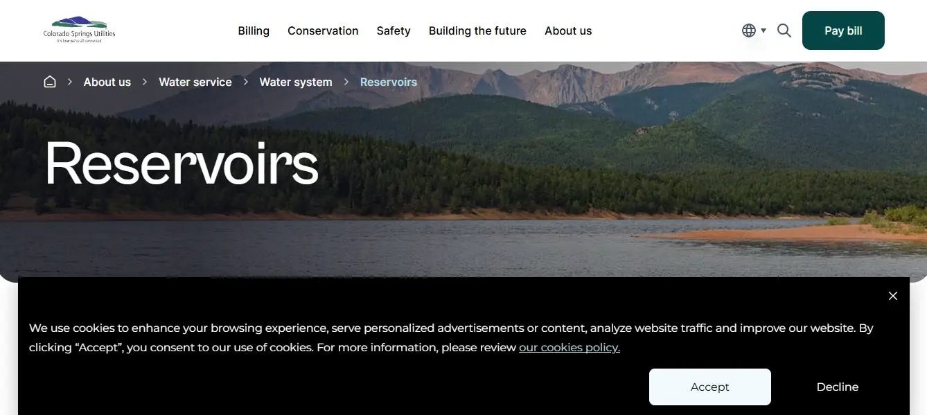 Screenshot guide showing the official Colorado Springs Utilities Montgomery Reservoir access and fishing restrictions page