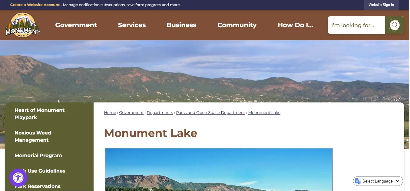 Screenshot guide showing the official Town of Monument Monument Lake fishing rules, license and access FAQ page