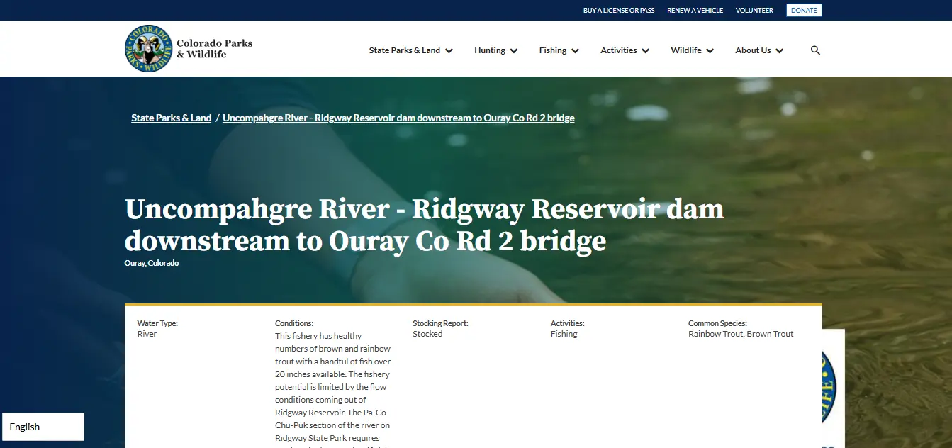 Screenshot guide showing the official USFS Blue Lakes Trail fishing and access page near Ouray Colorado