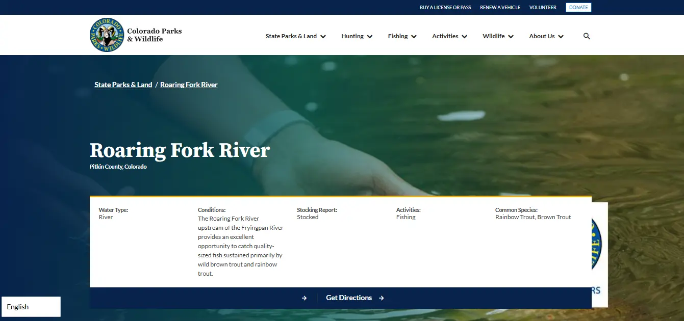 Screenshot guide showing the official USGS Roaring Fork River streamflow and gage height conditions page for Colorado fishing trip planning