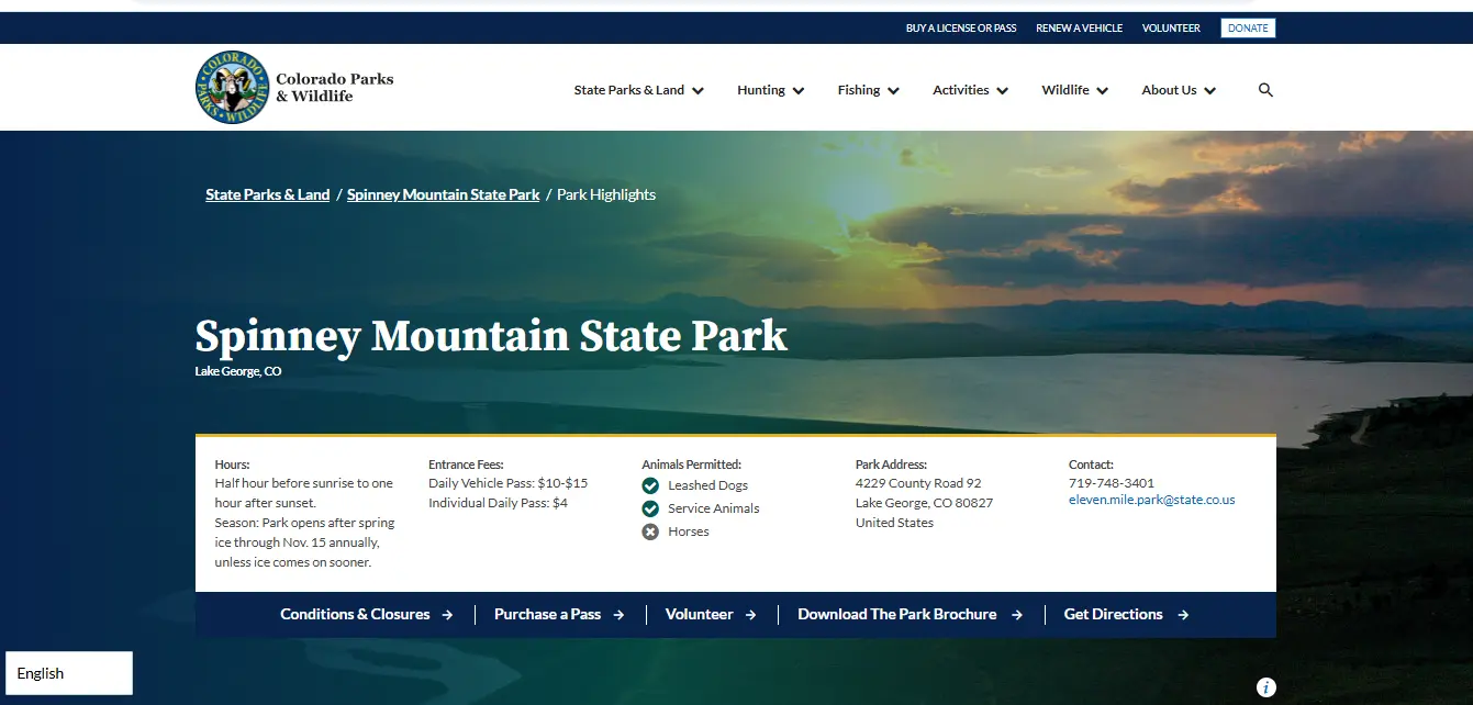 Screenshot guide showing the official Colorado Parks and Wildlife Spinney Mountain State Park fishing rules page for trout pike access and report checks