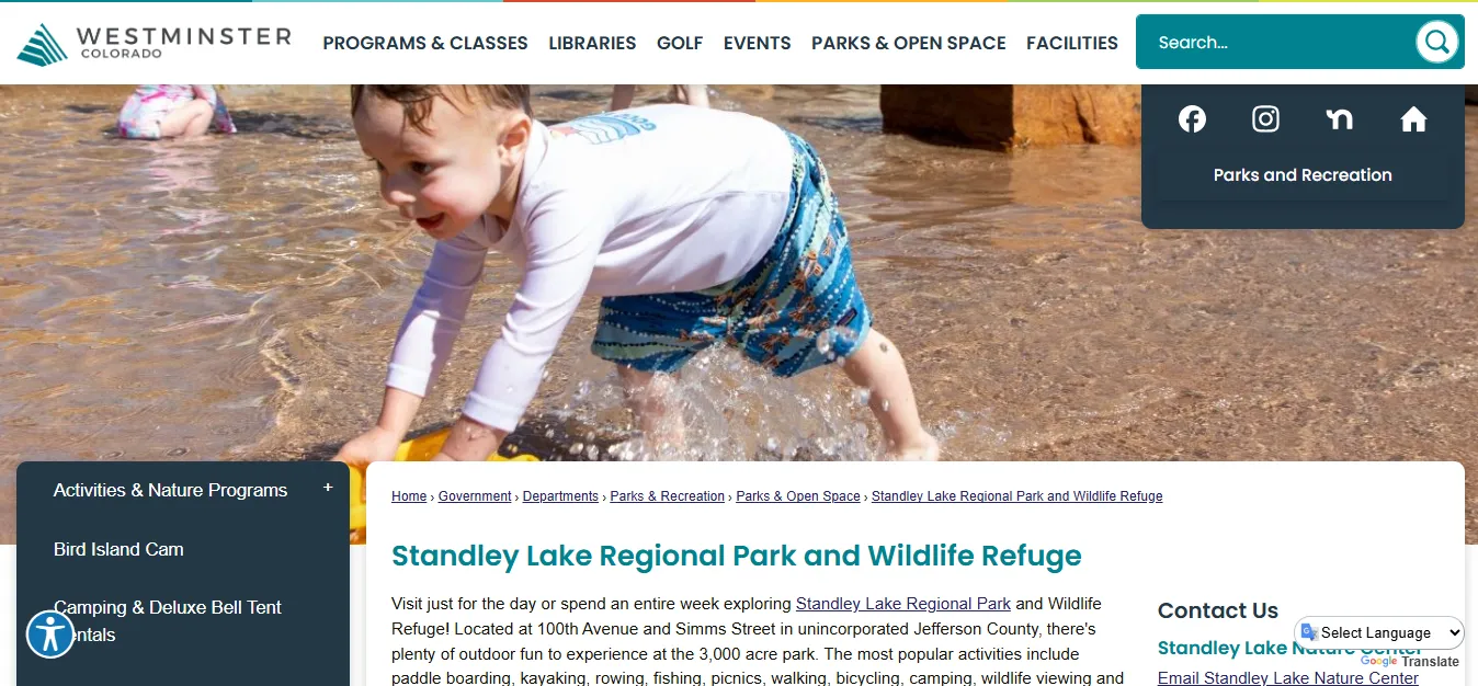 Screenshot guide showing the official City of Westminster Standley Lake fishing rules, permits and access information