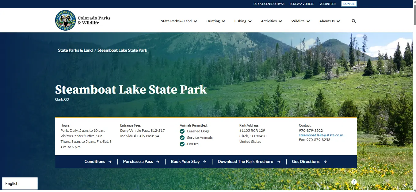 Screenshot guide showing the official Colorado Parks and Wildlife Steamboat Lake State Park fishing conditions rules and boat inspection information