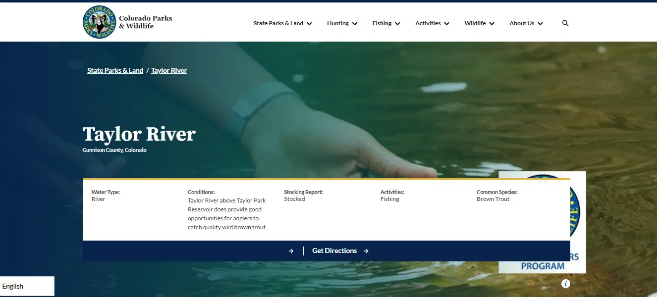 Screenshot guide showing the official USGS Taylor River Colorado streamflow discharge and gage height page for fishing report planning