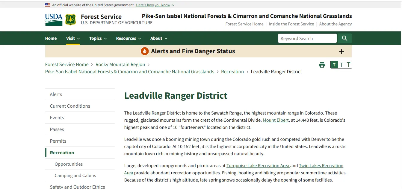 Screenshot guide showing the official US Forest Service Twin Lakes Recreation Area fishing access and boating site information