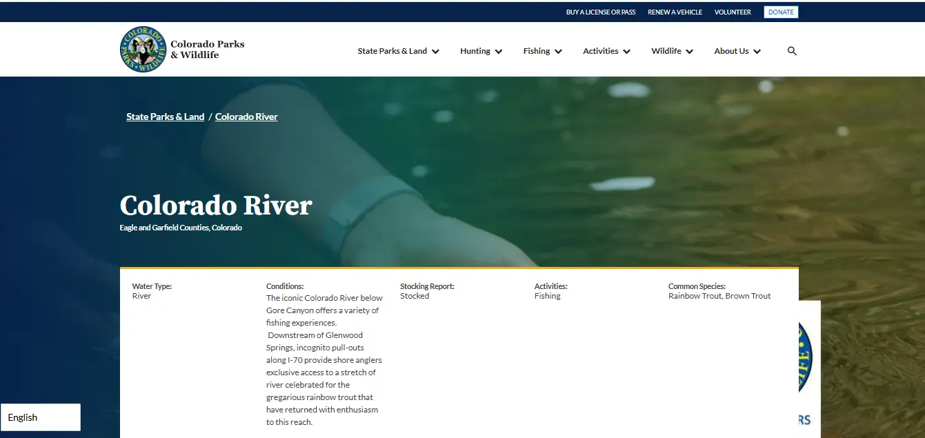 Screenshot guide showing the official USGS Colorado River near Kremmling streamflow and gage height conditions page for Upper Colorado fishing planning