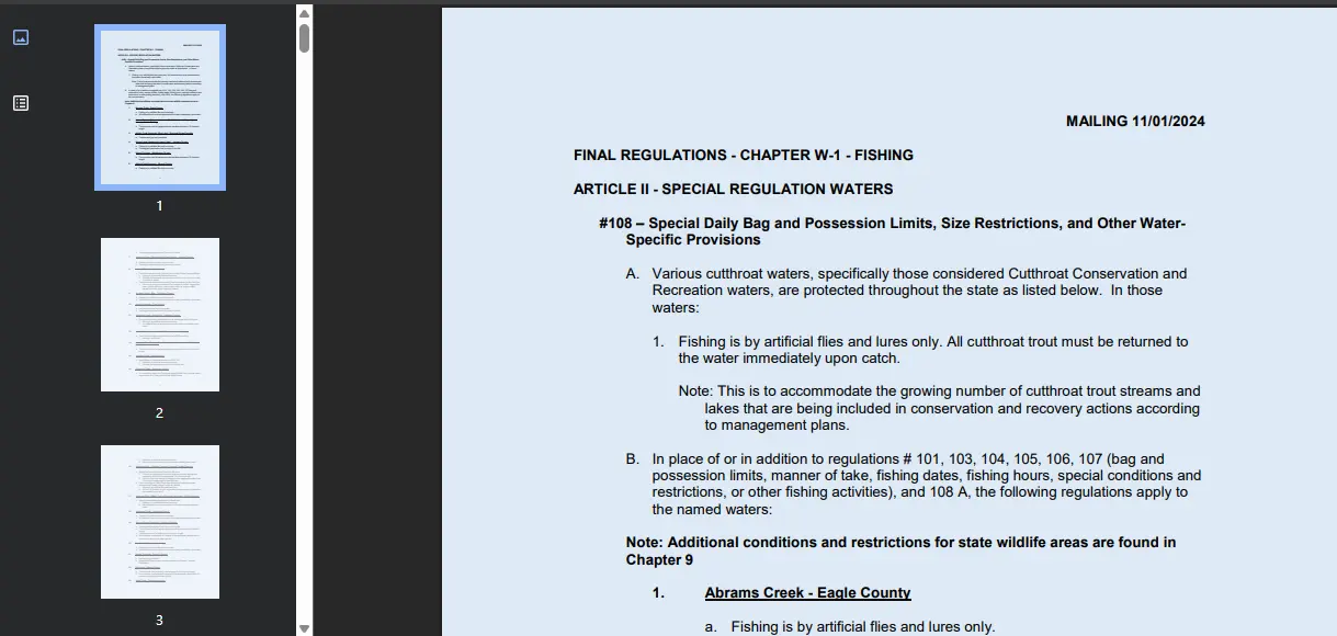 Screenshot guide showing the official Colorado Parks and Wildlife Gore Creek fishing rules and Vail Colorado fishing access information