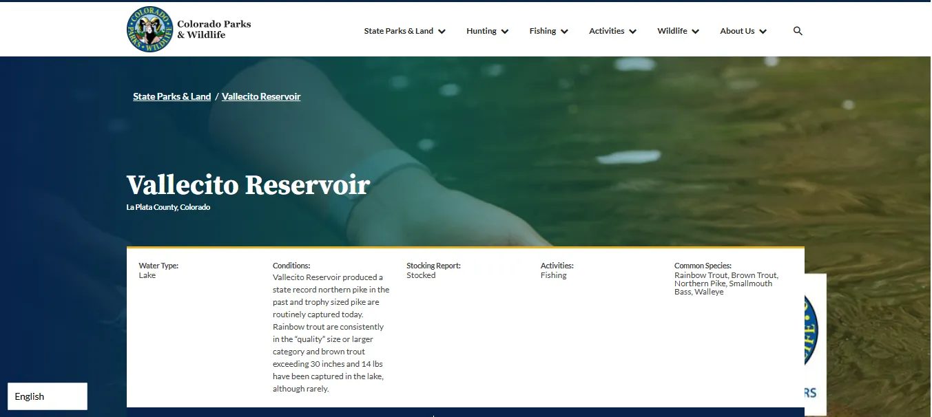 Screenshot guide showing the official Colorado Parks and Wildlife Vallecito Reservoir fishing species, stocking and access information page