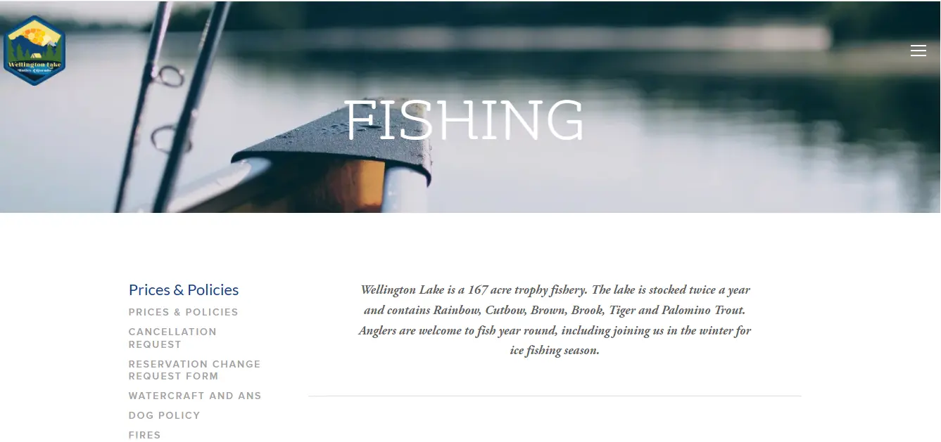 Screenshot guide showing the official Castle Mountain Recreation Wellington Lake fishing rules and access information page