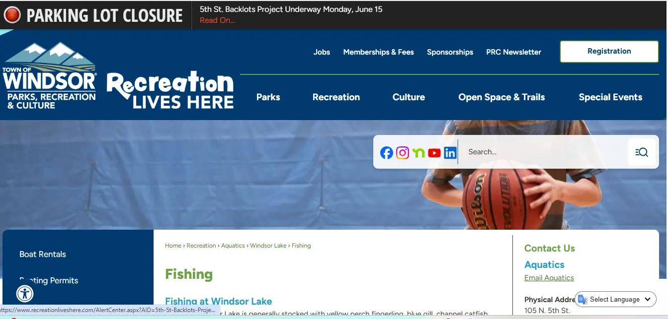 Screenshot guide showing the official Windsor Parks fishing rules page for Windsor Lake Colorado