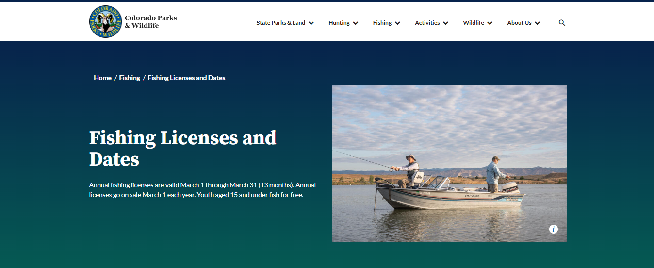 Screenshot guide showing the official Colorado Parks and Wildlife annual fishing license fees and validity dates page