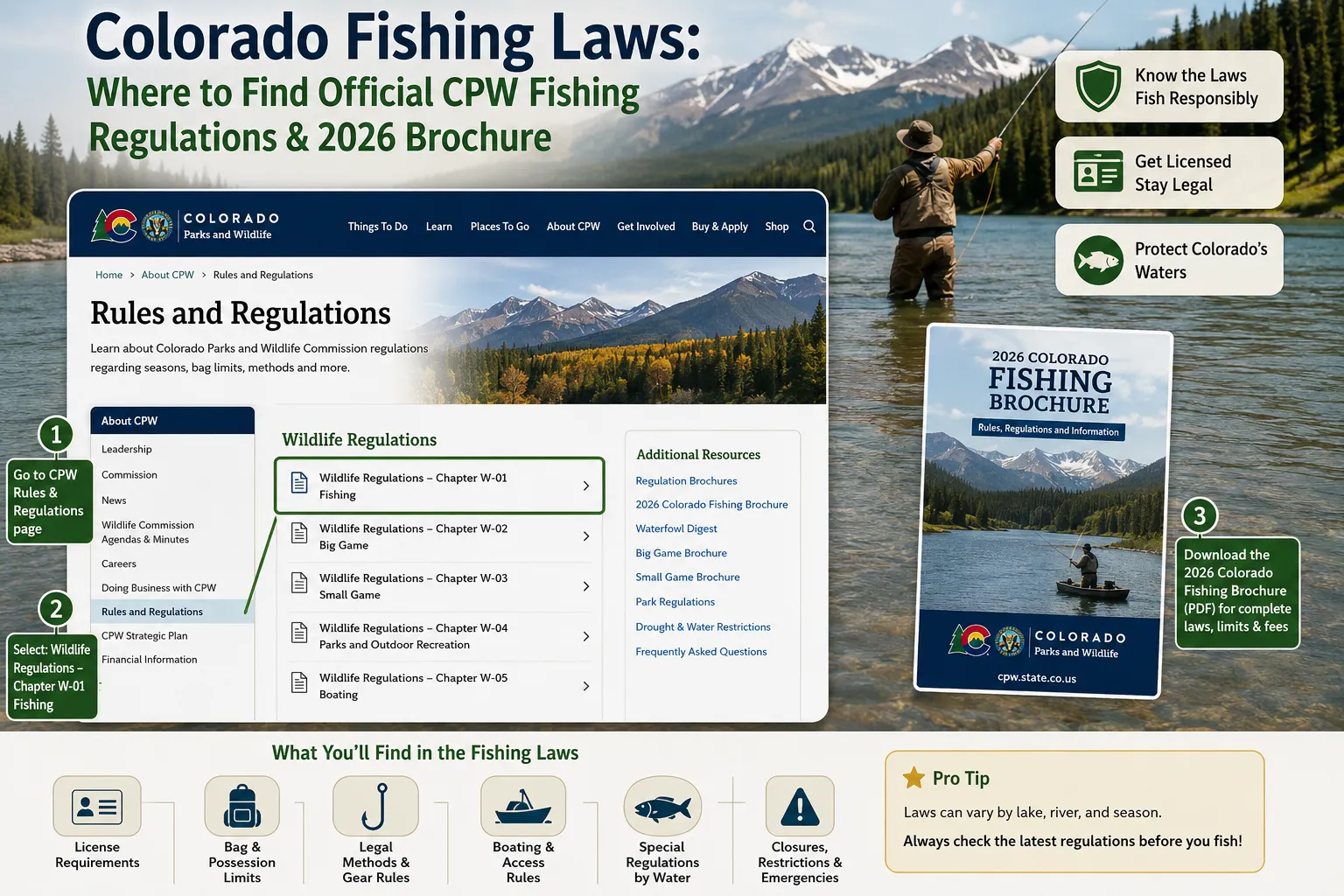 AI-generated visual guide showing Colorado fishing laws, CPW regulation downloads and the 2026 Colorado fishing brochure