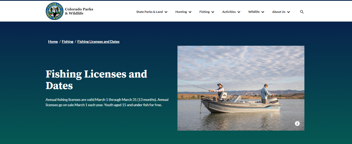 Screenshot guide showing the official Colorado Parks and Wildlife fishing license dates page with renewal purchase information and CPW Shop link