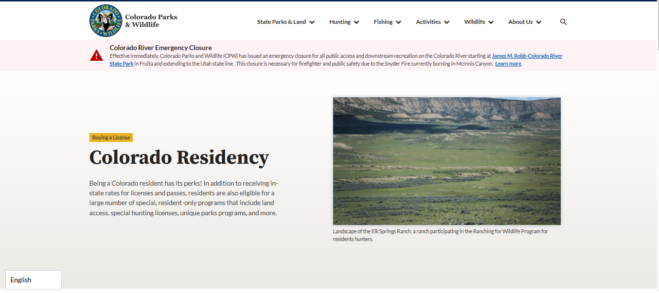 Screenshot guide showing the official Colorado Parks and Wildlife Colorado resident eligibility rules for buying a resident fishing license