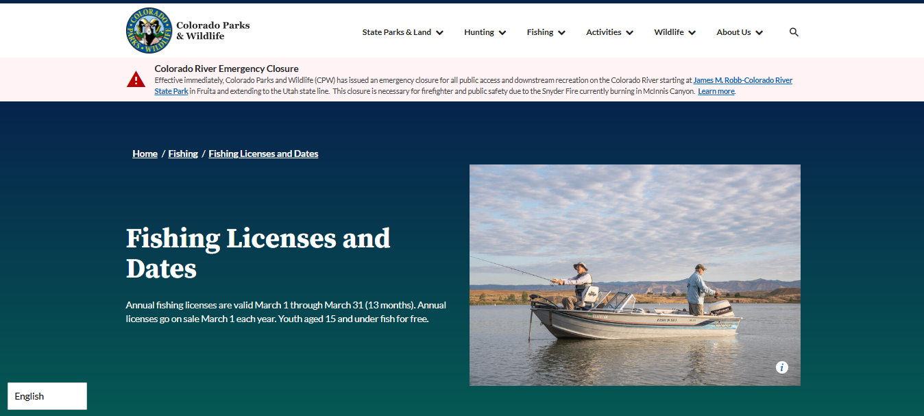 Screenshot guide showing the official Colorado Parks and Wildlife youth fishing license age rules and second rod stamp information